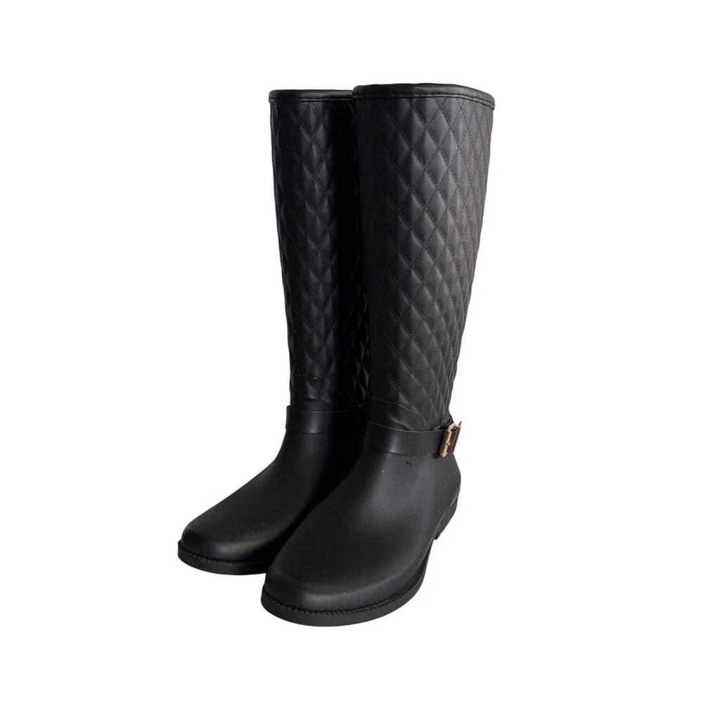 Guess GWJULUE Black Quilted Tall Rain Boots Matte Buckle Detail Womens 9